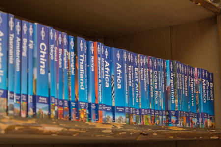 Travel Guides in a bookshelfのeditorial素材