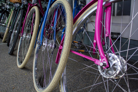 Wheels of a group of bicycles
