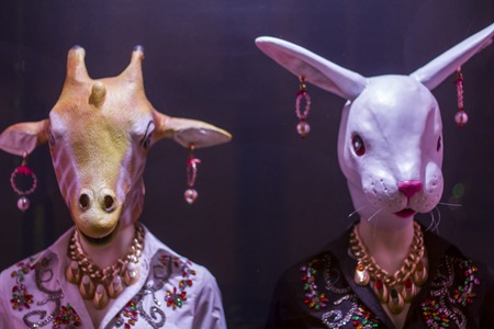 Rabbit and giraffe mannequin with earringsの写真素材