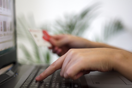 Woman holding credit card and using laptop computer. Online shopping conceptの写真素材