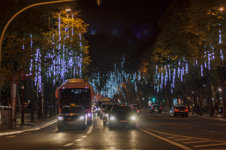 LISBON, PORTUGAL - December 5, 2018: Lisbon street decorated with christmas lightsのeditorial素材
