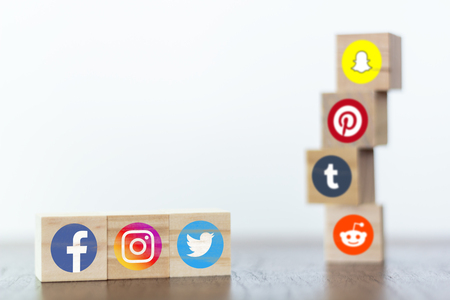 LISBON, PORTUGAL - CIRCA December, 2018: Social media logos on wooden cubesのeditorial素材