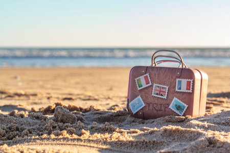 Travel suitcase on beach with copy space. Vacation concept