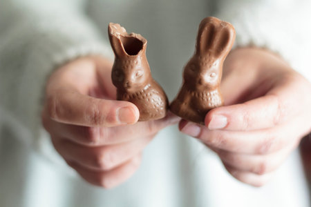 Woman hands holding two chocolate Easter rabbits, one with a bite