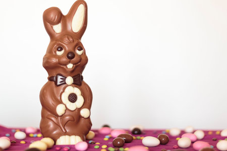 Sweet chocolate easter bunny and colorful easter almonds on white background with copy space