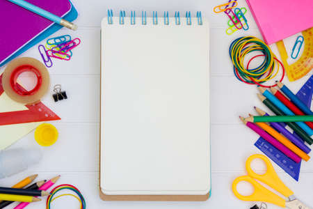 Top view of school supplies and notepad with copy space. Back to school conceptの写真素材