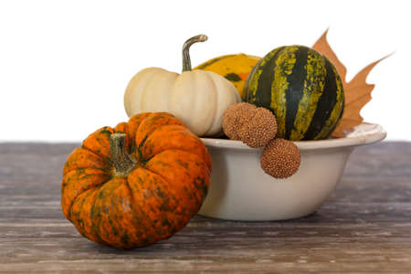 Vintage bowl and colorful pumpkins on bue wooden tableの写真素材