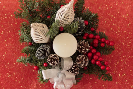 Top view of Christmas table arrangementの写真素材