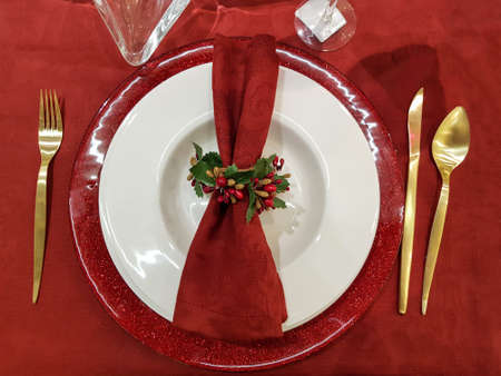 Top view of Christmas table settingの写真素材