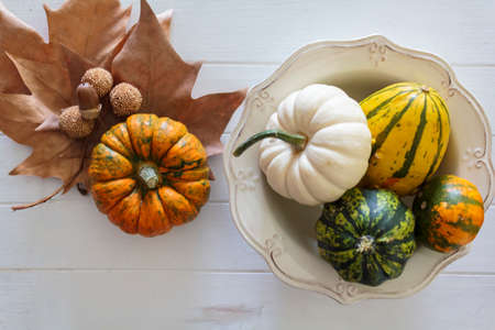 Top view of bowl with pumpkins and autumnal leavesの写真素材