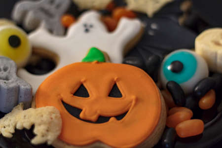 Full frame of halloween candy and snacksの写真素材