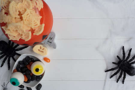 Top view of halloween food on festive table. Top view with copy spaceの写真素材