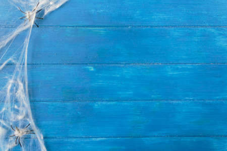 Top view of spider web and spiders on blue wooden table with copy space. Halloween backgroundの写真素材