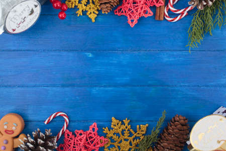Christmas background with christmas decoration on blue wooden background with copy spaceの写真素材