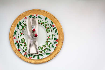 Christmas Table Setting on white background. Top view with copy spaceの写真素材