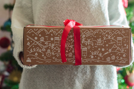 Woman holding christmas gift boxの写真素材