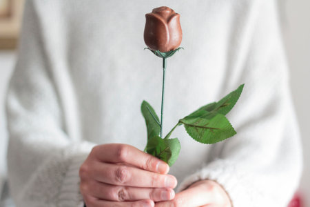 Woman holding chocolate rose. Valentine's day conceptの写真素材