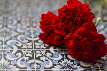 Red carnations on portuguese tiles. Portuguese Revolution and April 25 concept