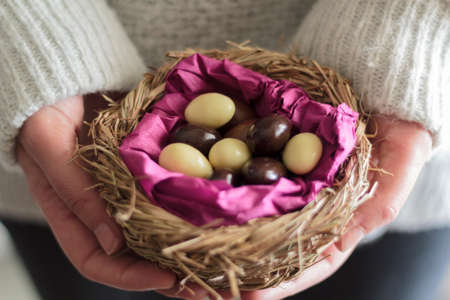 Woman hands holding a nest with sweet chocolate eggsの写真素材