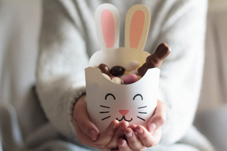 Woman hands holding rabbit box with Easter candies insideの写真素材