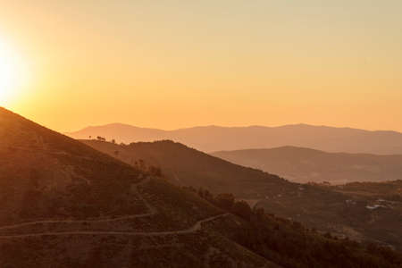 Panoramic view of hills at sunsetの写真素材