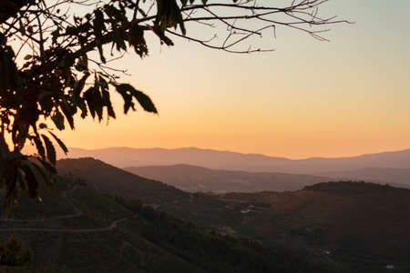 Panoramic view of hills at sunsetの写真素材