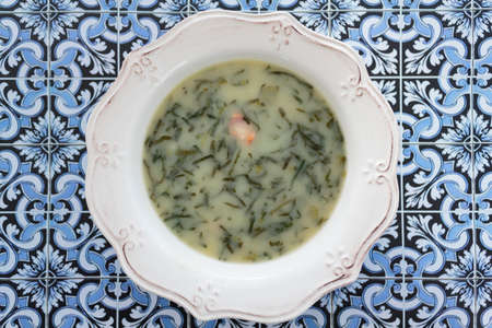 Portuguese green soup called caldo verde. Top viewの写真素材