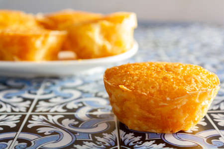 Portuguese sweet bean tarts called Pastel de Feijaoの写真素材