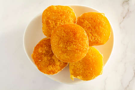 Top view of portuguese sweet bean pastry called Pastel de Feijaoの写真素材