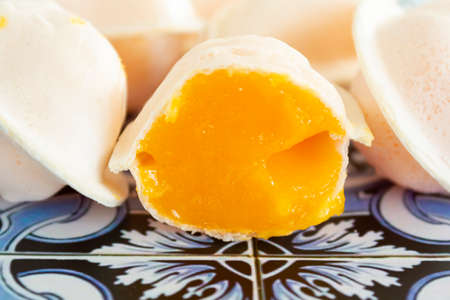 Close-up of traditional portuguese sweet called Ovos Moles de Aveiroの写真素材