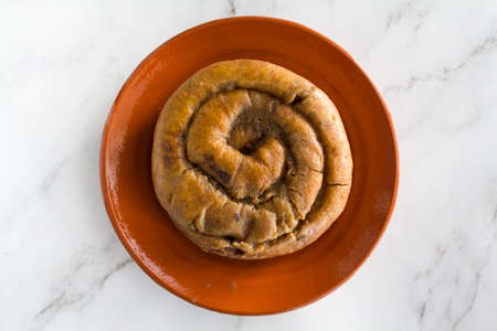 Top view of portuguese easter cake called Folar Algarvio de Olhaoの写真素材