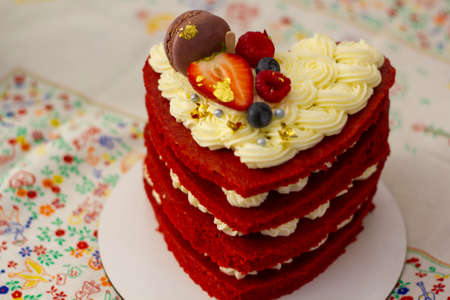 Red velvet layer cake with cream cheese frostingの写真素材