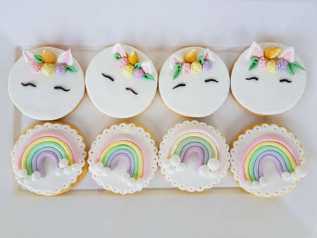 Top view of Unicorn biscuits and rainbow biscuitsの写真素材