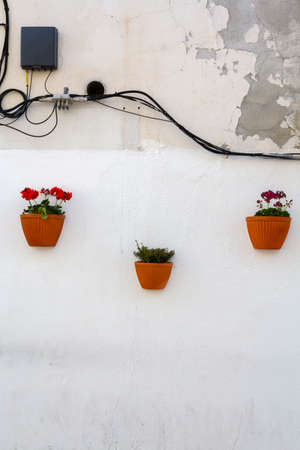 Flowerpots and electricity cables on white wallの写真素材