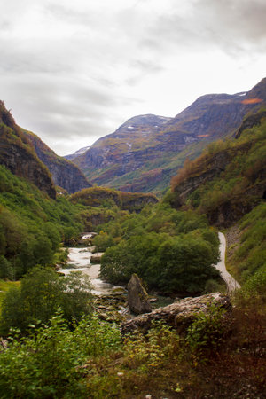 River and mountains landscape. Aurland, Norwayの写真素材