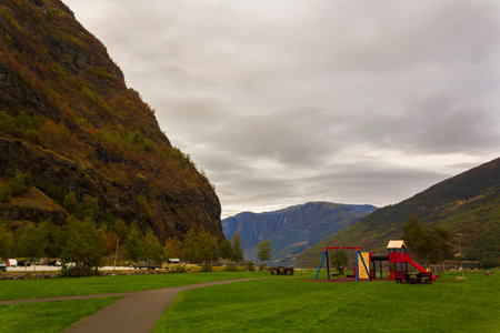 Outdoor playground in beautiful Flam village in the Flamsdalen valley, Norwayの写真素材