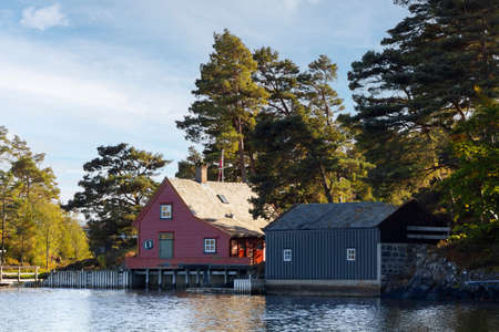 Traditional wooden Norwegian houses surrounded by trees and near the seaの写真素材