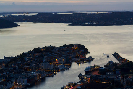Northern sea and Bergen city aerial view at dusk