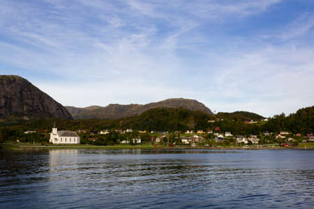 Village in the hills facing the sea in Norwayの写真素材