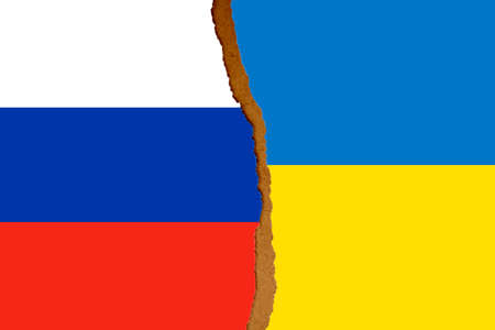 Russian flag and Ukraine flag. Ukraine conflict conceptの写真素材
