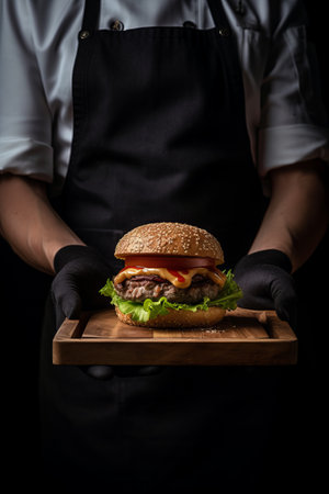 Chef hand holding a plate with delicious burger. Generative AIの素材