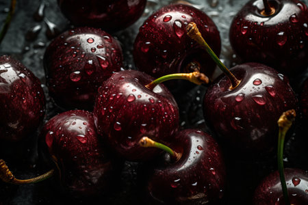 Cherries with water drops. Generative AIの素材
