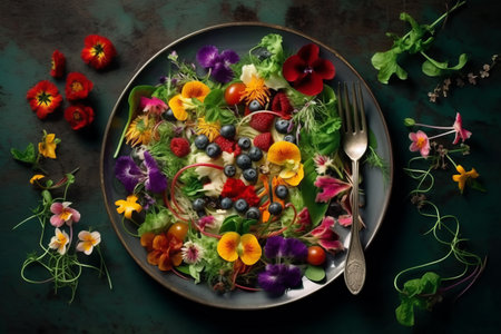 Top view of colorful and healthy salad on plateの素材