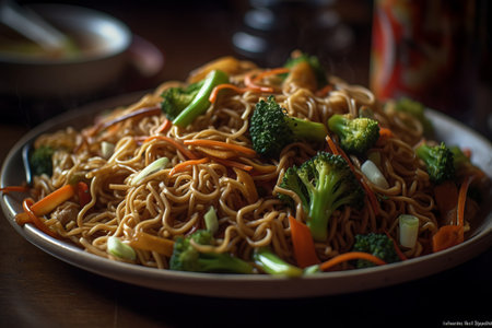 Delicious chow mein on plate. Generative AIの素材