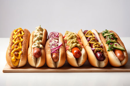 Row of different hot dogsの素材