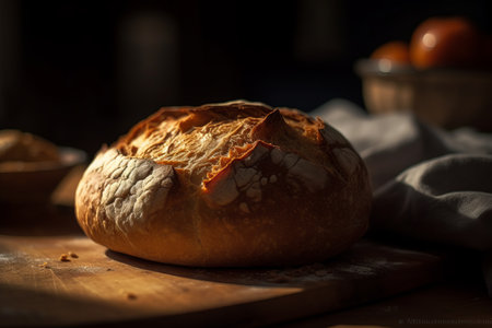 Fresh hot bread on wooden table. Generative AIの素材