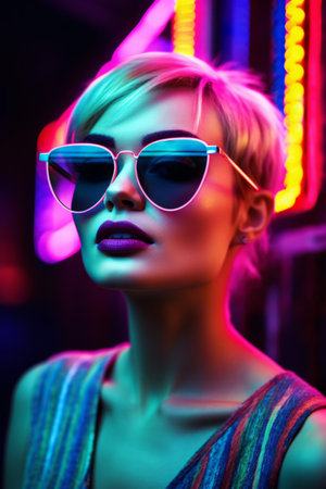 Stylish young woman posing with neon lighting at nightの素材