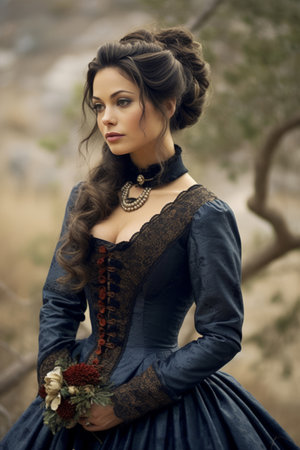Victorian woman posing outdoorsの素材