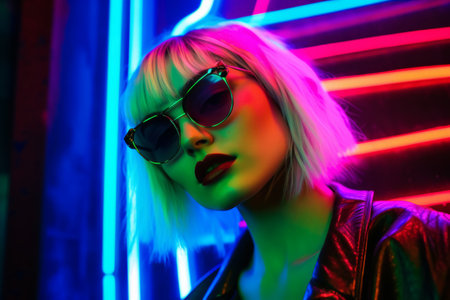 Young female posing with colorful neon lightingの素材
