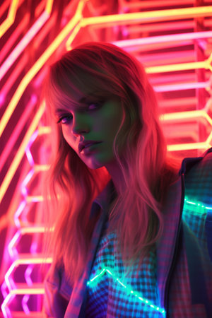 Fashionable Woman with Neon Lights in Modern Settingの素材